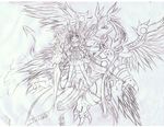  2010 animal_humanoid anthro armor breasts clothed clothing dragon duo english_text feathers female hair humanoid lagomorph larger_male legendz linvar long_hair looking_at_viewer male mammal melee_weapon monochrome multi_wings muscular pencil_(artwork) ranshiin scalie simple_background size_difference sketch smaller_female sword text tigerlilylucky traditional_media_(artwork) weapon white_background wings 