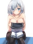  black_legwear blue_eyes blush breasts cleavage collarbone covering covering_breasts hamakaze_(kantai_collection) kantai_collection large_breasts pantyhose short_hair silver_hair simple_background sitting solo tokoi white_background 