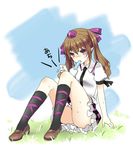  bow brown_hair cellphone food hair_bow hat himekaidou_hatate mouth_hold phone popsicle purple_eyes rimu_(kingyo_origin) sitting smartphone solo sweat tokin_hat touhou twintails 