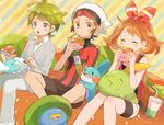  2boys ahoge animal animal_on_lap bad_id bad_pixiv_id bike_shorts blue_eyes blush bow brown_hair closed_eyes drink drinking_straw dutch_angle eating food gen_3_pokemon green_hair gulpin hair_bow hamburger haruka_(pokemon) headwear lotad mitsuru_(pokemon) mudkip multiple_boys open_mouth pokemon pokemon_(creature) pokemon_(game) pokemon_oras sitting striped striped_background swablu yuuki_(pokemon) zges 