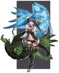  absurdres ankle_boots asymmetrical_wings bare_shoulders black_legwear blue_hair boots breasts detached_collar detached_sleeves dizzy dog_hate_burger full_body guilty_gear hair_ribbon highres lips long_hair medium_breasts navel necro_(guilty_gear) red_eyes ribbon short_shorts shorts solo strapless tail tail_ribbon thighhighs undine_(guilty_gear) wings 
