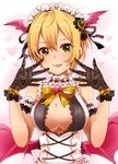  arm_garter bare_shoulders black_gloves blonde_hair blush bow breasts cleavage cleavage_cutout demon_wings gloves green_eyes head_wings headdress heart idolmaster idolmaster_cinderella_girls lace lace_gloves lace_trim large_breasts licking_lips looking_at_viewer masaki_(celesta) miyamoto_frederica multiple_wings short_hair simple_background sleeveless smile solo tongue tongue_out upper_body wings 
