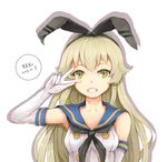  absurdres bare_shoulders blonde_hair bow brown_eyes elbow_gloves gloves grin hair_bow hairband highres kantai_collection long_hair looking_at_viewer neckerchief sailor_collar shimakaze_(kantai_collection) simple_background smile solo upper_body v_over_eye white_background white_gloves yang_zheng_yu 