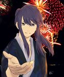  aerial_fireworks fireworks foreshortening japanese_clothes kimono long_hair looking_at_viewer male_focus megupeita night night_sky outstretched_hand photo_background ponytail purple_hair sidelocks signature sky solo tales_of_(series) tales_of_vesperia upper_body yukata yuri_lowell 