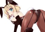  animal_ears ass back-seamed_legwear blonde_hair blush breasts bunny_ears bunnysuit green_eyes large_breasts looking_at_viewer looking_back open_mouth pantyhose saionji_usagi seamed_legwear shirogane_(platinum) short_hair sideboob solo strappy_heels taimadou_gakuen_35_shiken_shoutai 