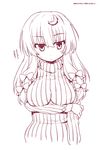  betei blush bow breasts crescent crescent_hair_ornament hair_bow hair_ornament large_breasts long_hair monochrome patchouli_knowledge ribbed_sweater solo sweater touhou 
