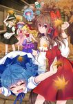  autumn autumn_leaves blonde_hair blue_hair bow brown_eyes brown_hair cirno detached_sleeves flying hair_bow hair_tubes hakurei_reimu hat hat_bow highres horns ibuki_suika ice ice_wings kirisame_marisa konpaku_youmu konpaku_youmu_(ghost) looking_back mob_cap multiple_girls remilia_scarlet rimu_(kingyo_origin) saigyouji_yuyuko silver_hair smile torn_clothes torn_sleeves touhou triangular_headpiece wings witch_hat yellow_eyes 