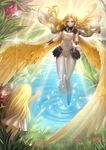  armor blonde_hair bodysuit child clare_(claymore) claymore feathers flower grass hq19910119 long_hair multiple_girls pauldrons teresa_(claymore) wading water wings 