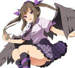  black_wings blush bow brown_hair cellphone checkered checkered_skirt hair_bow hair_ornament hasebe_yuusaku hat himekaidou_hatate kneehighs long_hair looking_at_viewer necktie open_mouth phone pointy_ears puffy_sleeves purple_eyes shirt short_sleeves simple_background skirt solo tokin_hat touhou twintails white_background wings 