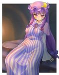  adder bed belly blush breasts capelet covered_nipples dress hair_ribbon hat highres hips light long_hair long_sleeves looking_at_viewer medium_breasts mob_cap patchouli_knowledge pillow purple_hair red_eyes ribbon sidelocks sitting solo striped striped_dress thighs touhou tress_ribbon very_long_hair 