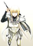  armor armored_boots blonde_hair bodysuit boots breasts cape cielociel clare_(claymore) claymore claymore_(sword) collarbone from_above highres medium_breasts pale_skin pauldrons silver_eyes simple_background solo sword weapon 