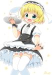  animal_ears apron artist_name blonde_hair bunny_ears commentary_request cup fleur_de_lapin_uniform gochuumon_wa_usagi_desu_ka? green_eyes highres kirima_sharo maid_headdress open_mouth pila-pela short_hair solo tea teacup waist_apron wavy_mouth white_legwear wrist_cuffs 