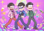  banana beer_mug bellbottoms black_hair bolo_tie bowl_cut brothers chain cherry cocktail_glass cup disco_ball dollar_bill drinking_glass food fruit gold_chain heart heart_in_mouth jewelry male_focus matsumoto_(5okuen) matsuno_choromatsu matsuno_karamatsu matsuno_osomatsu multiple_boys necklace one_eye_closed osomatsu-kun osomatsu-san pointing pointing_up popped_collar purple_background siblings smile sparkle star sunglasses suspenders 