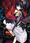 :/ ahoge anklet aqua_eyes bare_shoulders black_gloves black_hair chair chin_rest collarbone cushion elbow_gloves gloves halterneck high_ponytail jewelry looking_at_viewer niranome original ponytail sandals sitting solo 