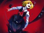  ascot black_skirt black_vest blonde_hair collared_shirt darkness eyes fangs highres ikurauni long_skirt long_sleeves open_mouth red_background red_eyes rumia sharp_teeth shiny shiny_hair shirt short_hair skirt solo teeth thighs tongue touhou vest 