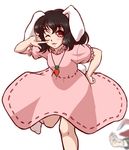  animal_ears black_hair blood blush bunny_ears commentary dress inaba_tewi looking_at_viewer mazume multiple_girls one_eye_closed pink_dress red_eyes reisen_udongein_inaba ribbon_trim short_hair simple_background smile solo_focus touhou white_background white_legwear 