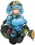  adapted_costume backpack bag black_gloves black_pants blue_eyes blue_hair breasts fingerless_gloves gloves hat holding kawashiro_nitori large_breasts pants power_drill sachito short_hair simple_background solo touhou trigger_discipline twintails weapon white_background 