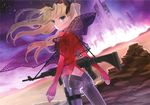  absurdres alternate_hair_color ass blonde_hair blue_eyes bow butt_crack city fate/extra fate_(series) fingerless_gloves gloves gun hair_ribbon highres official_art pants ribbon scan scenery solo tight tight_pants toosaka_rin twintails wada_aruko weapon 