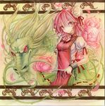  arched_back artist_name bandaged_arm bandages blouse border breasts chain colored_pencil_(medium) cuffs dated double_bun dragon eastern_dragon floral_background flower ibaraki_kasen looking_at_viewer missing_limb mosho petals pink_eyes pink_flower pink_hair pink_rose puffy_short_sleeves puffy_sleeves red_eyes rose rose_petals shackles short_hair short_sleeves skirt slit_pupils small_breasts smile solo tabard touhou traditional_media watercolor_(medium) watercolor_pencil_(medium) 