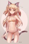  animal_ears artist_name ass_visible_through_thighs bikini blonde_hair blush breasts cat_ears cat_tail commentary cropped_legs fang fang_out grey_eyes hand_on_hip highres idolmaster idolmaster_cinderella_girls jougasaki_rika kemonomimi_mode long_hair meto31 navel orange_bikini small_breasts solo sweatdrop swimsuit tail translated two_side_up 