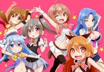  6+girls ;) ;d absurdres ahoge aqua_eyes arm_up armpits arms_up belt beret between_breasts black_legwear blue_eyes blue_hair blush breasts brown_hair cleavage fang grin hair_ornament hair_ribbon hand_behind_head hat highres idol large_breasts loafers looking_at_viewer miniskirt multiple_girls navel necktie necktie_between_breasts one_eye_closed open_mouth original outstretched_arm pink_background pleated_skirt ponytail puffy_short_sleeves puffy_sleeves ribbon salute shirt shoes short_sleeves simple_background skirt sleeveless sleeveless_shirt small_breasts smile star star_hair_ornament thighhighs twintails two_side_up wrist_cuffs yasagure_yukito 