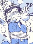  blush bound bowl_cut chikuwa chopsticks feeding food force_feeding male_focus matsuno_karamatsu monochrome oden one_eye_closed osomatsu-kun osomatsu-san pajamas restrained sanjiro_(tenshin_anman) solo sweat tears tied_up upper_body 