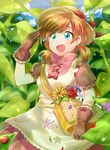  :d apron bag blue_eyes bug dew_drop dress flower gloves handbag hat hat_ribbon insect ladybug open_mouth orange_hair original ribbon shiyano short_twintails smile solo twintails water_drop 