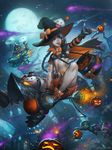  2girls :p amumu bag bandages blue_hair bomb bow broom broom_riding corki facial_hair fingerless_gloves flat_chest flying gloves goggles hat hat_bow hat_ribbon highres jack-o'-lantern jinx_(league_of_legends) league_of_legends lulu_(league_of_legends) md5_mismatch midriff moon multiple_boys multiple_girls mustache navel night night_sky poro_(league_of_legends) propeller red_eyes ribbon shoes sky speh thighs tongue tongue_out watermark web_address witch_hat 