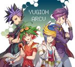  ahoge black_hair blonde_hair blue_eyes blue_hair card copyright_name gloves goggles goggles_on_head green_hair male_focus multiple_boys open_mouth purple_eyes purple_hair red_eyes red_hair sakaki_yuuya smile sogogi yuu-gi-ou yuu-gi-ou_arc-v yuugo_(yuu-gi-ou_arc-v) yuuri_(yuu-gi-ou_arc-v) yuuto_(yuu-gi-ou_arc-v) 