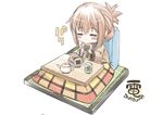  =_= blush_stickers brown_hair character_name closed_eyes commentary cookie cup eating folded_ponytail food food_in_mouth fujishima_shinnosuke hanten_(clothes) inazuma_(kantai_collection) kantai_collection kotatsu long_hair long_sleeves ponytail senbei sitting solo table tatami teapot under_kotatsu under_table yunomi zaisu 