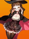  bangs black_legwear blunt_bangs blush breasts brown_eyes brown_hair capelet cleavage corset dress glasses hat highres kantai_collection medium_breasts moemoe3345 open_mouth pantyhose pince-nez roma_(kantai_collection) short_hair skirt solo wavy_hair witch_hat 