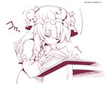  betei blush book crescent crescent_hair_ornament hair_ornament hat mob_cap monochrome open_mouth patchouli_knowledge sleeping solo touhou 