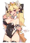  1girl absurdres armlet bangs bare_shoulders black_legwear black_leotard black_nails black_panties black_ribbon blonde_hair blush bodystocking bodysuit bowsette bracelet breasts cleavage crown dated detached_collar eyebrows_visible_through_hair highres horns jewelry large_breasts leotard long_hair looking_at_viewer mario_(series) nail_polish new_super_mario_bros._u_deluxe nintendo open_mouth panties panty_pull pointy_ears red_eyes ribbon signature simple_background smile solo standing tongue tongue_out trevor25527766 twintails underwear white_background 