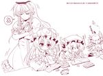  anger_vein betei bow crescent crescent_hair_ornament crossed_arms flandre_scarlet hair_bow hair_ornament hat hat_bow kamishirasawa_keine long_hair mob_cap monochrome multiple_girls patchouli_knowledge remilia_scarlet spoken_anger_vein studying touhou 