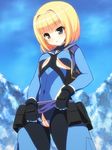  blonde_hair blue_eyes blush bodysuit breasts covered_navel crotchless_clothes heavy_object milinda_brantini motonaga_hiroya pilot_suit pussy short_hair small_breasts solo uncensored 