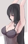  armpits arms_up black_hair breasts cleavage expressionless from_side grey_background half-closed_eyes highres houraisan_kaguya lace_trim large_breasts lingerie long_hair looking_at_viewer negligee poini_(king-scarlet-dead) purple_eyes solo touhou two-tone_background underwear upper_body very_long_hair white_background 