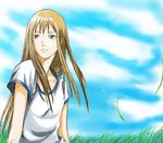  arm_support blonde_hair blue_sky clare_(claymore) claymore cloud collarbone day grass koushaku_(pixiv) long_hair loose_clothes shirt silver_eyes sky solo t-shirt 