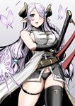  black_gloves black_legwear black_panties blue_eyes blush breasts bug butterfly clash_kuro_neko demon_horns draph gloves granblue_fantasy hair_over_one_eye horns insect large_breasts lavender_hair long_hair narmaya_(granblue_fantasy) open_mouth panties pointy_ears single_thighhigh smile solo sword thighhighs underwear weapon 