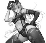  animal_ears belt bikini_top bunny_ears cameltoe cosplay garter_straps greyscale hand_on_hip imizu_(nitro_unknown) kantai_collection long_hair looking_down metal_gear_(series) metal_gear_solid_v monochrome quiet_(metal_gear) quiet_(metal_gear)_(cosplay) salute shimakaze_(kantai_collection) smile solo thighhighs thong torn_clothes torn_legwear 