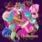  aqua_hair black_gloves blue_eyes cat earrings elbow_gloves ghost gift gloves green_hair halloween happy_halloween hat hatsune_miku highres jewelry kyo_(kyo21413) long_hair looking_at_viewer md5_mismatch solo twintails typo very_long_hair vocaloid wand witch_hat 