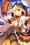  ;p arm_guards bad_id bad_pixiv_id belt blonde_hair blue_eyes blush bow bowtie brown_legwear cagliostro_(granblue_fantasy) dragon food_print granblue_fantasy halloween highres hood jack-o'-lantern knees_together_feet_apart kurogoma_(haruhi3) long_hair looking_at_viewer mechanical_dragon mismatched_legwear one_eye_closed orange_skirt pantyhose puffy_short_sleeves puffy_sleeves pumpkin shirt short_sleeves sitting skirt smile solo spiked_hood star suspenders tongue tongue_out very_long_hair white_shirt 