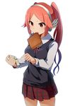  blue_hair blush brown_hair food food_in_mouth gradient_hair headphones late_for_school long_hair mouth_hold multicolored_hair nanagi_(pixiv12776910) phantasy_star phantasy_star_online_2 quna_(pso2) red_eyes school_uniform skirt solo toast toast_in_mouth twintails 