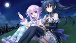  absurdres city d-pad d-pad_hair_ornament food game_cg grass hair_ornament highres moon multiple_girls neptune_(choujigen_game_neptune) neptune_(series) night noire official_art pudding purple_eyes purple_hair red_eyes smile star tsunako twintails 