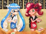  bad_id bad_pixiv_id bike_shorts blue_eyes chef_uniform cup domino_mask food green_eyes green_tea indoors inkling long_hair mask multiple_girls nigirizushi octarian octoling plate pointy_ears red_hair riko_(sorube) sign splatoon_(series) splatoon_1 steam sushi sushi_geta takozonesu tea tentacle_hair 