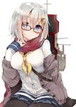  bad_id bad_twitter_id bespectacled black_legwear blue_eyes breasts buttons cannon cardigan glasses hair_ornament hair_over_one_eye hairclip hamakaze_(kantai_collection) kantai_collection kou_mashiro large_breasts long_sleeves looking_at_viewer machinery open_cardigan open_clothes pantyhose pleated_skirt red-framed_eyewear red_scarf scarf school_uniform serafuku short_hair silver_hair simple_background sitting skirt solo turret wariza white_background 
