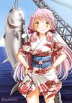  :&gt; akashi_(kantai_collection) animal blush doyagao fish green_eyes hair_ribbon hands_on_hips japanese_clothes kantai_collection kimono long_hair looking_at_viewer ocean pink_hair ribbon sash short_kimono smile sogabe_toshinori solo tress_ribbon tuna twitter_username 