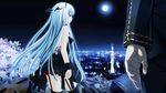  1girl bare_shoulders black_legwear blue_hair buttons city dreemers garter_straps hands hetero highres long_hair makita_maki moon night red_eyes shinigami_no_testament tower vivi_alhazerd 