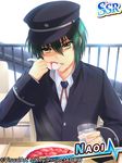  angel_beats! card_(medium) character_name eating food glass green_hair hat male_focus mapo_doufu naoi_ayato school_uniform sion_(laterna_magica) solo spoon yellow_eyes 