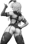 ass cosplay elbow_gloves from_behind garter_straps gloves graphite_(medium) greyscale hair_ornament hairband imizu_(nitro_unknown) kantai_collection long_hair metal_gear_(series) metal_gear_solid_v monochrome quiet_(metal_gear) quiet_(metal_gear)_(cosplay) shimakaze_(kantai_collection) simple_background solo thighhighs thong traditional_media underwear 