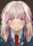  animal_ears blush bunny_ears crying crying_with_eyes_open ear_pull ears_down geppewi jacket lavender_hair long_hair long_sleeves looking_at_viewer necktie open_mouth red_eyes reisen_udongein_inaba shirt solo tears touhou upper_body vest 